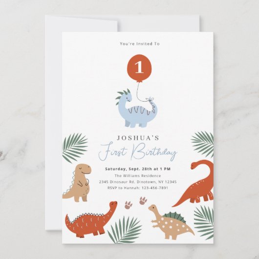 Dinosaurus Eerste 1e Verjaardag Feest Uitnodiging (Voorkant)