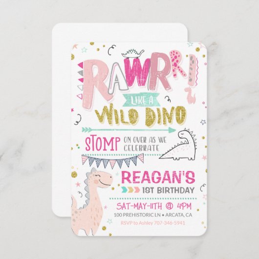 Dinosaurus Eerste Verjaardag Uitnodiging Wild Dino (Voorkant / Achterkant)