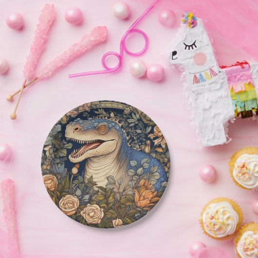 Dinosaurus en bloemen art nouveau stijl papieren bordje (Feest)
