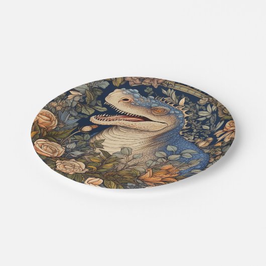 Dinosaurus en bloemen art nouveau stijl papieren bordje (Gekanteld)