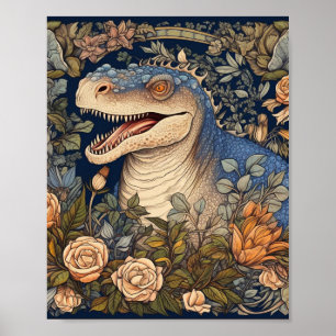Dinosaurus en bloemen art nouveau stijl poster