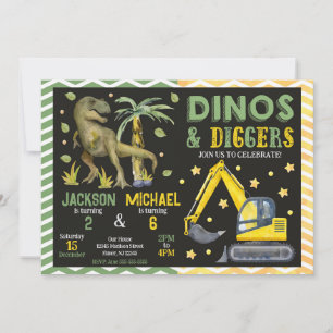 Dinosaurus en bouw gezamenlijke verjaardag kaart