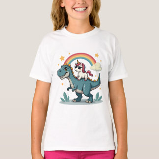Dinosaurus en eenhoorn regenboog ontwerp t-shirt