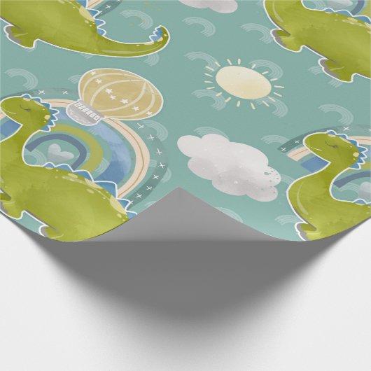 Dinosaurus en heteluchtballonpatroon Baby shower Cadeaupapier (Hoek)