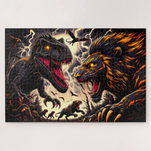 Dinosaurus en leeuwen vechten legpuzzel