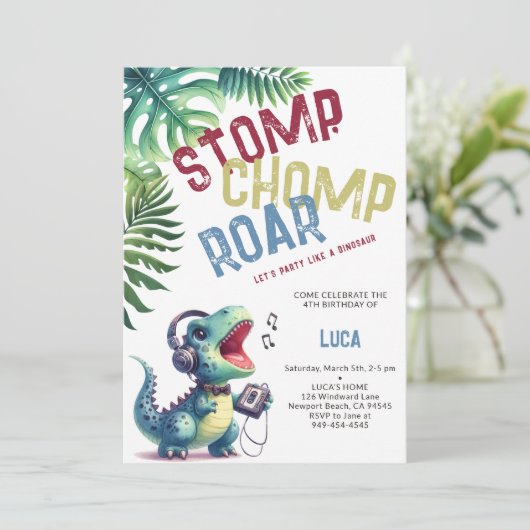 Dinosaurus Feest Bewegingen Stomp Chomp Brul Jonge Kaart (Staand voorkant)