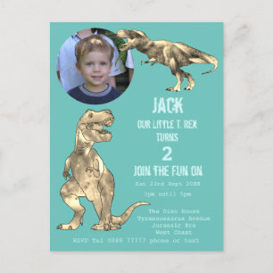 Dinosaurus Feest T Rex Jongens 2e Verjaardag Teal  Uitnodiging Briefkaart