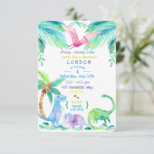 Dinosaurus feest uitnodiging (Staand voorkant)