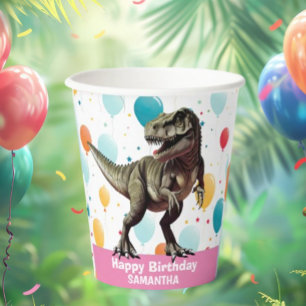 Dinosaurus Gelukkige Verjaardag Roze Papieren beke Bekers