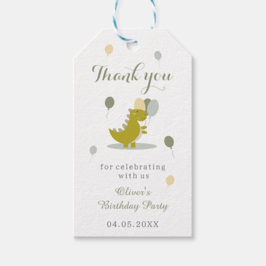 Dinosaurus groen grijs eerste verjaardag dank u cadeaulabel (Voorkant)