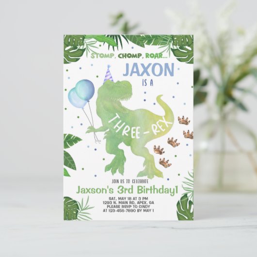 Dinosaurus jongen verjaardag uitnodiging, Three-Re Kaart (Staand voorkant)