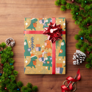Dinosaurus Kerstfeest Geel Cadeaupapier