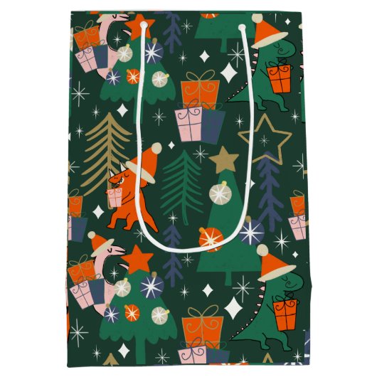 Dinosaurus Kerstfeest Groen Medium Cadeauzakje (Achterkant)