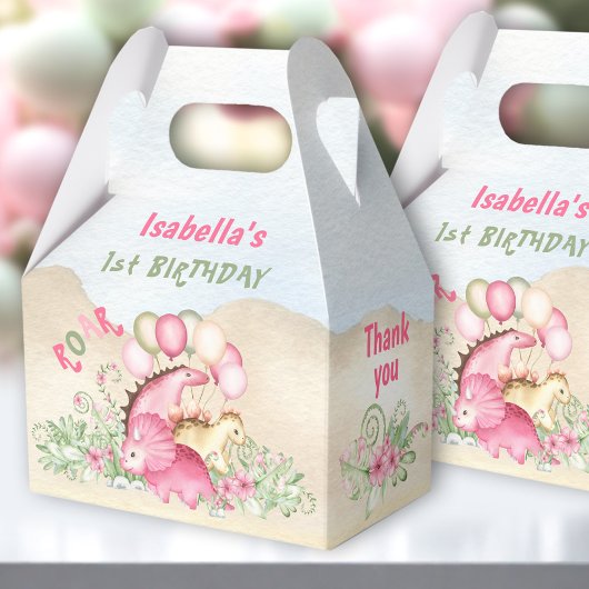 Dinosaurus Meisje Pastel Roze Groen 1e Verjaardag Bedankdoosjes