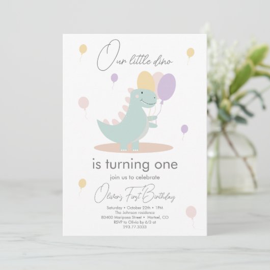 Dinosaurus Meisje Roze Blauw Lila Verjaardagsfeest Kaart (Staand voorkant)