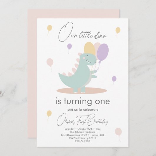 Dinosaurus Meisje Roze Blauw Lila Verjaardagsfeest Kaart (Voorkant / Achterkant)