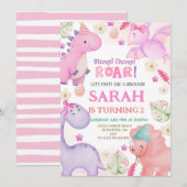 Dinosaurus meisje verjaardagsfeestje kaart (Voorkant / Achterkant)