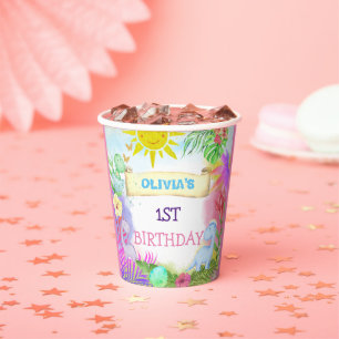 Dinosaurus Meisjes Bloemen Glitter Verjaardag Papieren Bekers