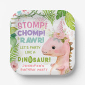 Dinosaurus Meisjes Roze Verjaardagsfeestje Papier Papieren Bordje (Voorkant)