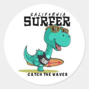 Dinosaurus met een surfplank ronde sticker