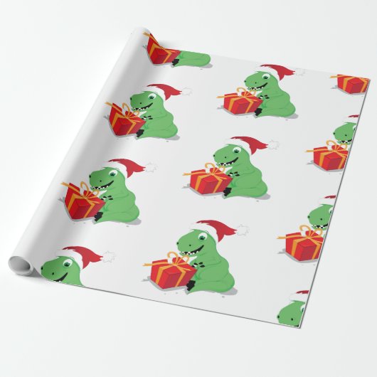 Dinosaurus met kerstcadeaupapier cadeaupapier (Uitgerold)