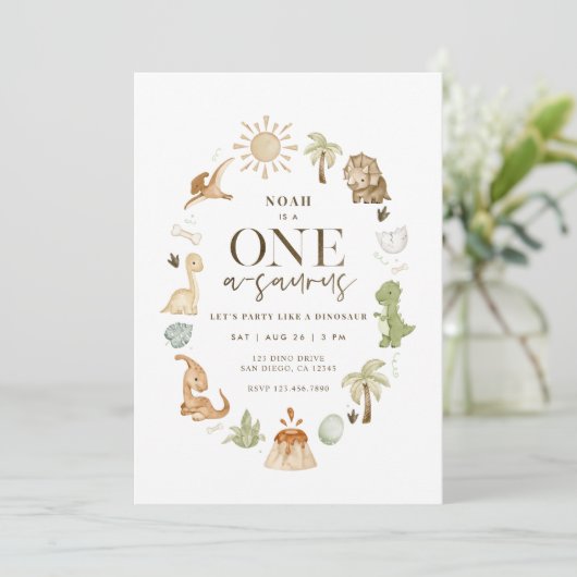 Dinosaurus One-a-Saurus 1e Verjaardag Uitnodiging (Staand voorkant)
