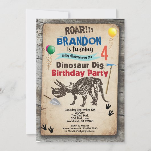 Dinosaurus opgraving verjaardagsuitnodiging rustie kaart (Voorkant)