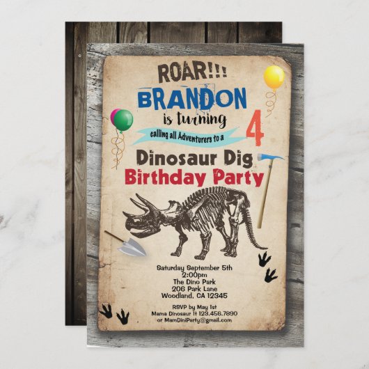 Dinosaurus opgraving verjaardagsuitnodiging rustie kaart (Voorkant / Achterkant)