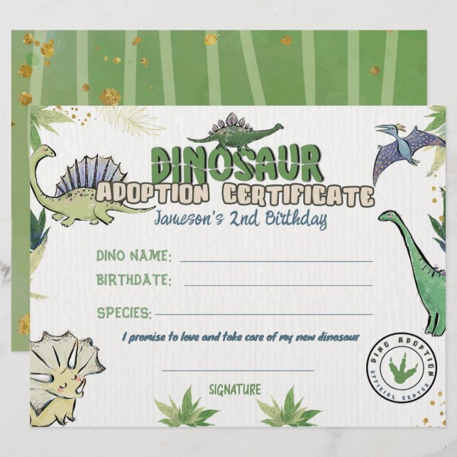 Dinosaurus Party Thema, Dino Adoption Certificaat (Voorkant / Achterkant)
