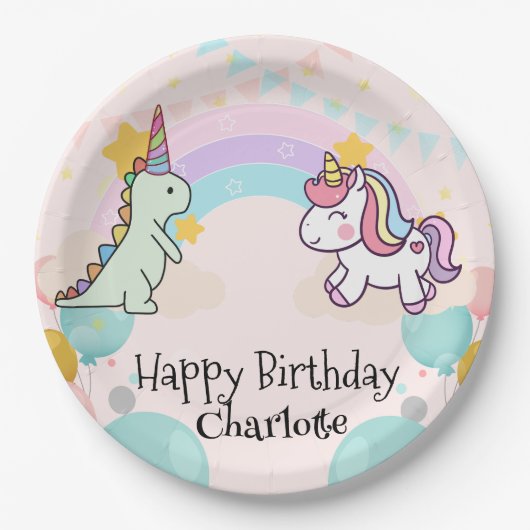 Dinosaurus Rainbow Eenhoorn gradiënt verjaardagsfe Papieren Bordje (Voorkant)