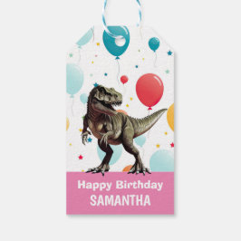 Dinosaurus roze partij ballonnen cadeaulabel