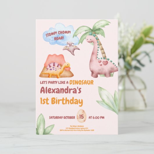 Dinosaurus Stomp Chomp Rawr 1e Verjaardag Feest Me Kaart (Staand voorkant)