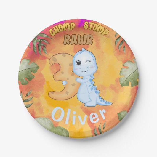 Dinosaurus Stomp Chomp Rawr 3e verjaardagsfeestje Papieren Bordje (Voorkant)