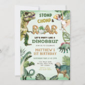 Dinosaurus Stomp Chomp Roar 1e Verjaardagsfeestje  Kaart (Voorkant)