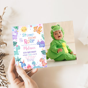 Dinosaurus Stomp, Chomp & Roar Verjaardagsfoto Kaart