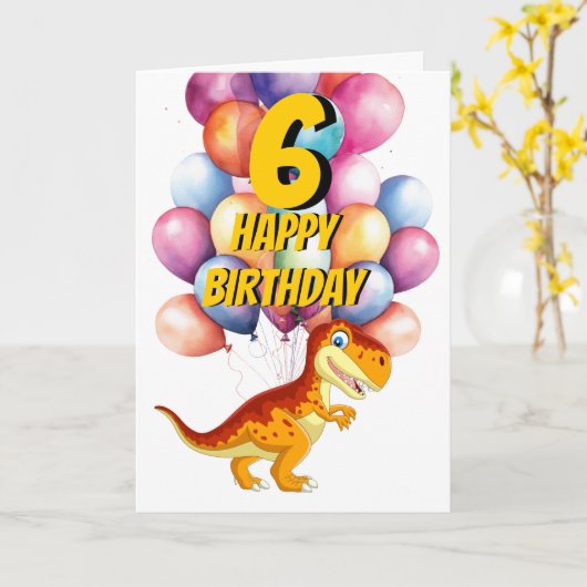 Dinosaurus T Rex Gold 6e Verjaardagsballonnen Kaar Kaart (Gele Bloem)