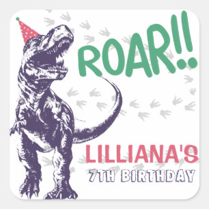 Dinosaurus T-Rex in feesthoed Roze & Paarse Verjaa Vierkante Sticker