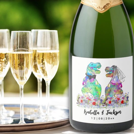 Dinosaurus thema bruiloft sparkling wijnetiket