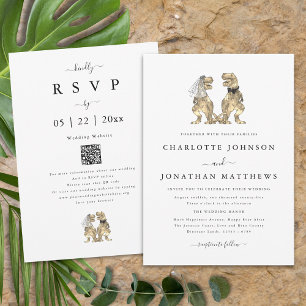 Dinosaurus Thema Bruiloft Zwart en Wit QR Code Kaart