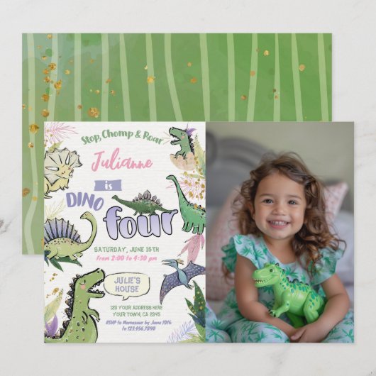 Dinosaurus thema feest Dino vier 4de verjaardag Kaart (Voorkant / Achterkant)