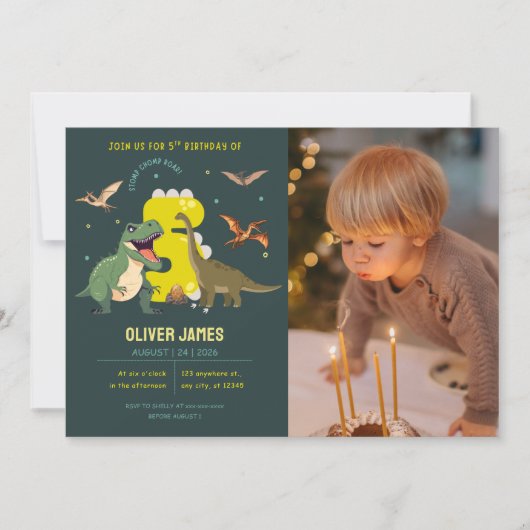 Dinosaurus thema jongen 5e verjaardag  kaart (Voorkant)