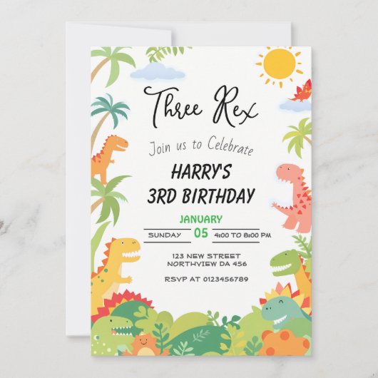 Dinosaurus-thema verjaardagsuitnodiging - 'Three-R Kaart (Voorkant)