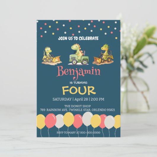 Dinosaurus tractor vrachtwagen ballon School Verja Kaart (Staand voorkant)