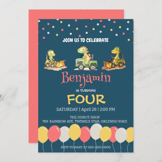 Dinosaurus tractor vrachtwagen ballon School Verja Kaart (Voorkant / Achterkant)