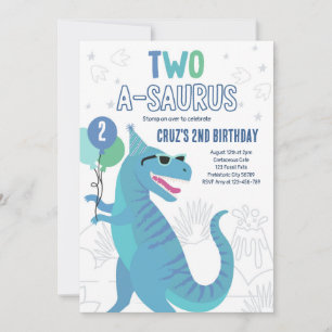 Dinosaurus Twee A-Saurus 2e Verjaardagsfeestje T-R Kaart