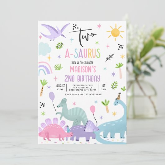 Dinosaurus Two-A-Saurs Roze T-Rex 2e verjaardagsfe Kaart (Staand voorkant)