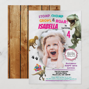 Dinosaurus verjaardag foto uitnodiging voor meisje