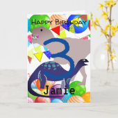Dinosaurus Verjaardag Kaart voor 3-jarige (Gele Bloem)