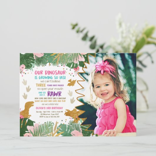 Dinosaurus Verjaardag Meisje Goud Roze Laat Dino U Kaart (Staand voorkant)