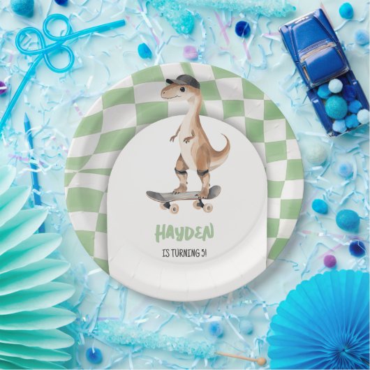 Dinosaurus Verjaardag Retro T Rex Geruit Papieren Bordje (Feest)